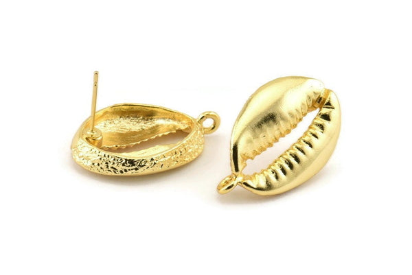 Gold Shell Earring, 2 Gold Plated Brass Cowrie Shell Stud Earrings With 1 Loop, Findings (25x17mm) N0911
