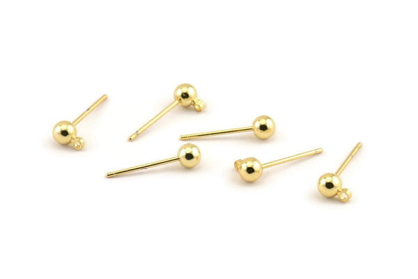 Gold Ball Earring, 12 Gold Plated Ball Stud Earrings - Pad With 4mm Hole Hook BS 1799