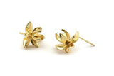 Gold Flower Earring, 2 Gold Plated Brass Flower Stud Earrings With 1 Loop (15x14mm) N1204