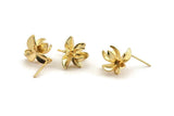 Gold Flower Earring, 2 Gold Plated Brass Flower Stud Earrings With 1 Loop (15x14mm) N1204