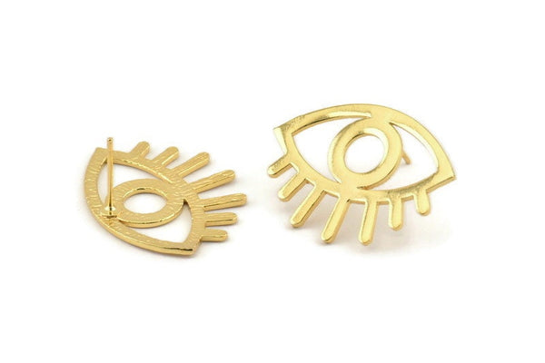 Gold Eye Earring, 2 Gold Plated Brass Eye Stud Earrings (29x1mm) N1030