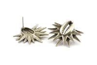 Silver Shell Earring, 2 Antique Silver Plated Brass Cowrie Shell Stud Earrings, Findings (34x31mm) N1006