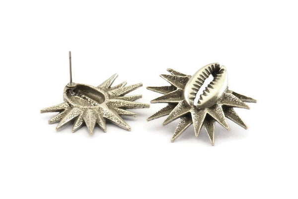 Silver Shell Earring, 2 Antique Silver Plated Brass Cowrie Shell Stud Earrings, Findings (34x31mm) N1006