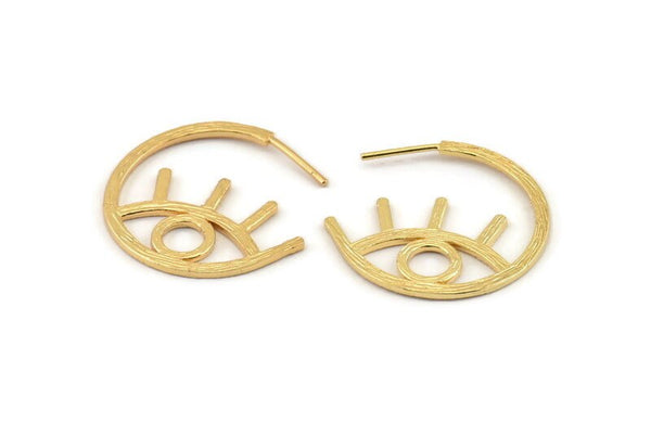 Gold Eye Earring, 2 Gold Plated Brass Eye Stud Earrings (30x1.2mm) N1117