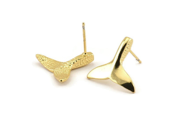 Fish Tail Earring, 2 Gold Plated Brass Fish Tail Stud Earrings (18x16mm) N1077