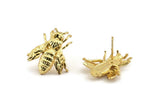 Gold Bee Earring, 2 Gold Plated Brass Bee Stud Earrings (22x20mm) N0916