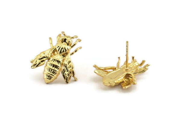 Gold Bee Earring, 2 Gold Plated Brass Bee Stud Earrings (22x20mm) N0916