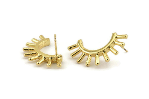 Gold Eyelash Earring, 2 Gold Plated Brass Eyelash Stud Earrings (31x16mm) N1147