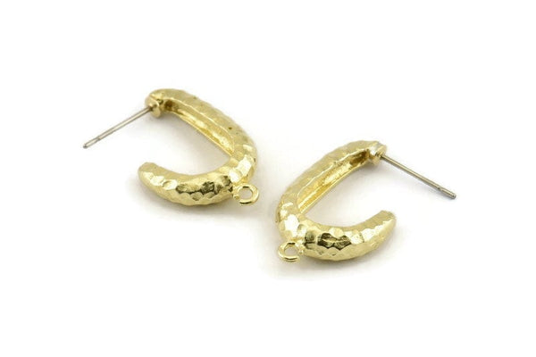 Brass Hook Earring, 2 Hammered Raw Brass Hook Stud Earrings With 1 Loop (26x15x5mm) N1329