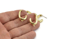 Brass Hook Earring, 2 Hammered Raw Brass Hook Stud Earrings With 1 Loop (26x15x5mm) N1329
