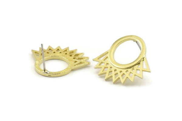 Stud Earrings, 4 Raw Brass Earrings -  Round Stud Earrings - Ear Studs - Earring Findings (25x21x1.5mm) N1334