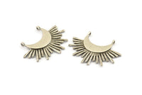 Silver Sun Pendant, 2 Antique Silver Plated Brass Crescent Moon and Sun Pendants With 2 Loops, Findings, Charms (32x24x1.5mm) N1069