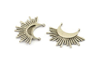 Silver Sun Pendant, 2 Antique Silver Plated Brass Crescent Moon and Sun Pendants With 2 Loops, Findings, Charms (32x24x1.5mm) N1069