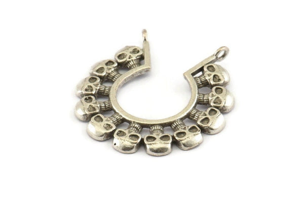 Gümüş Kafatası Tılsımı, 2 Halkalı Antik Gümüş Kaplama Pirinç Kafatası Kolye, Buluntular (34x2mm) N1037