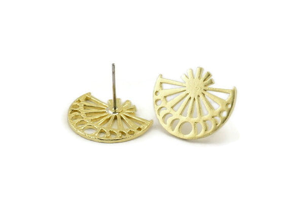 Brass Moon Earring, 4 Raw Brass Moon Phases Stud Earrings (19x16x1mm) N1339