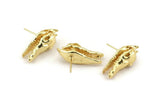 Gold Crocodile Earring, 2 Gold Plated Brass Crocodile Stud Earrings (27x10mm) N0961