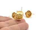 Gold Flower Earring, 2 Gold Plated Brass Flower Stud Earrings With 1 Loop (16mm) N1215