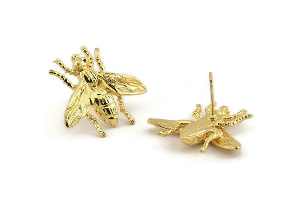 Gold Bug Earring, 2 Gold Plated Brass Bug Fly Insect Stud Earrings (23x26mm) N0917
