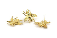 Gold Bug Earring, 2 Gold Plated Brass Bug Fly Insect Stud Earrings (23x26mm) N0917