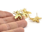 Gold Bug Earring, 2 Gold Plated Brass Bug Fly Insect Stud Earrings (23x26mm) N0917