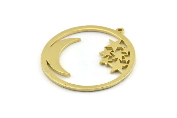 Brass Moon Charm, Raw Brass Moon And Star Charms With 1 Loop (36x34x1.5mm) N1346
