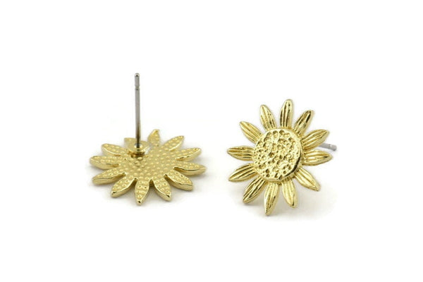 Brass Sunflower Earring, 4 Raw Brass Sunflower Stud Earrings (15mm) N1341