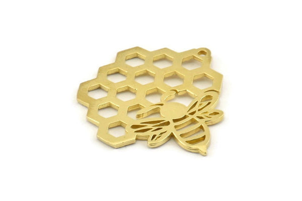 Brass Bee Charm, Raw Brass Honeycomb Charms With 1 Hole, Pendants, Findings (32x31x1.2mm) N1361