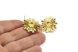 Brass Sun Earring, 4 Raw Brass Sunshine Stud Earrings with 6mm Stone pad, with 1 Loop (27x24mm) N0850