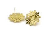 Brass Sun Earring, Raw Brass Sunshine Stud Earrings with 6mm Stone pad (24mm) N0862