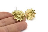 Brass Sun Earring, Raw Brass Sunshine Stud Earrings with 6mm Stone pad (24mm) N0862