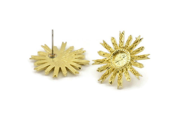 Brass Sun Earring, Raw Brass Sunshine Stud Earrings with 6mm Stone pad (23mm) N0859