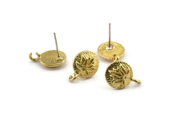 Brass Flower Earring, Raw Brass Lotus Flower Stud Earrings With 1 Loop (10mm) N0915