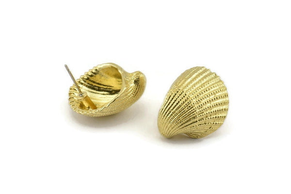 Brass Shell Earring, 2 Raw Brass Sea Shell Stud Earrings (22x19mm) N0939