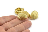 Brass Shell Earring, 2 Raw Brass Sea Shell Stud Earrings (22x19mm) N0939