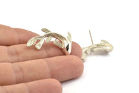 Silver Fish Earring, 2 925 Sterling Silver Plated Brass Fish Stud Earrings (28x16mm) N0774
