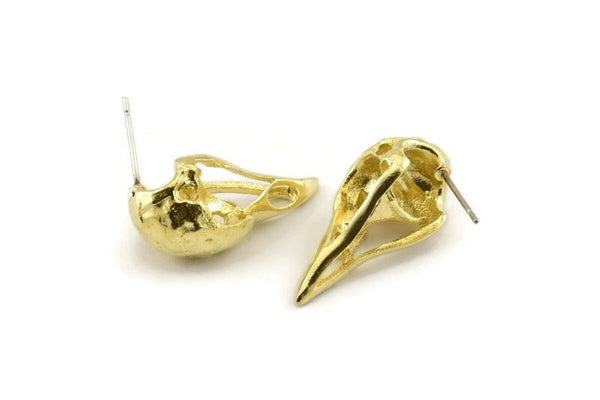 Brass Bird Earring, 2 Raw Brass Bird Skull Stud Earrings (26x11x6mm) N0958