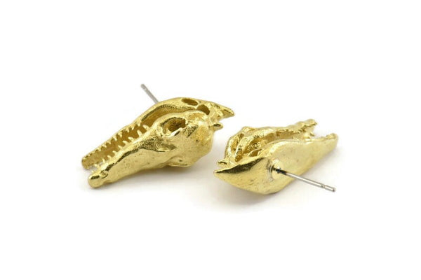 Brass Crocodile Earring, 2 Raw Brass Crocodile Stud Earrings (27x10mm) N0961