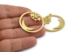 Brass Moon Charm, 2 Raw Brass Moon And Star Charms With 1 Loop (36x34x1.5mm) N1346