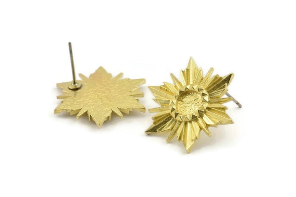 Brass Sun Earring, Raw Brass Sunshine Stud Earrings with 6mm Stone pad (24x21mm) N0858