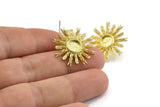 Brass Sun Earring, Raw Brass Sunshine Stud Earrings with 6mm Stone pad (23mm) N0859