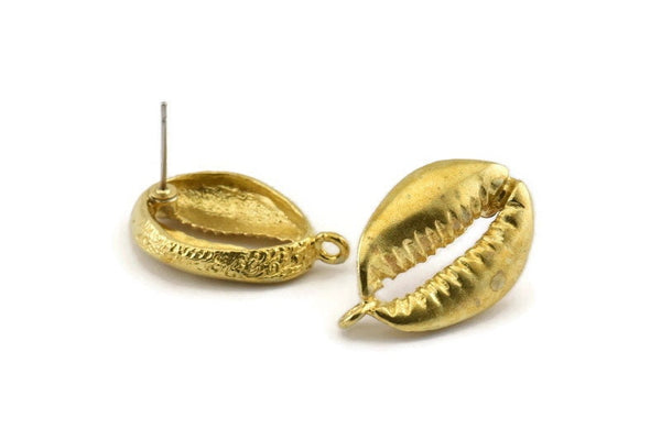 Brass Shell Earring, 2 Raw Brass Cowrie Shell Stud Earrings With 1 Loop, Findings (25x17mm) N0911