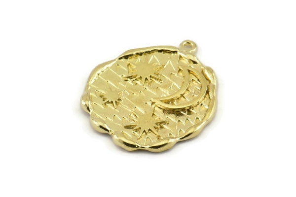 Brass Moon Charm, Raw Brass Moon And Sun Charms With 1 Loop (32x27mm) N1140