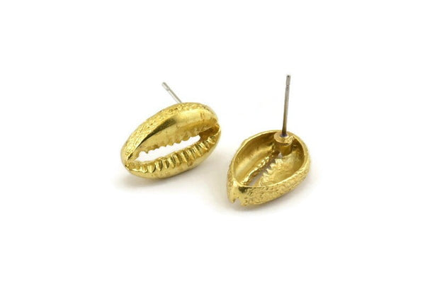 Brass Shell Earring, 2 Raw Brass Cowrie Shell Stud Earrings (12x17mm) N0937