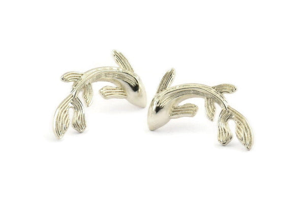 Silver Fish Earring, 2 925 Sterling Silver Plated Brass Fish Stud Earrings (28x16mm) N0774