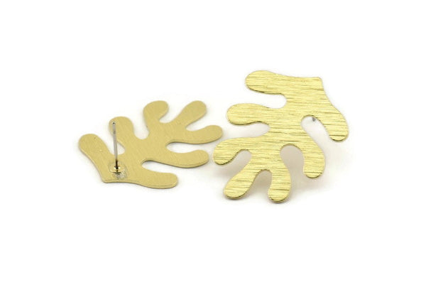 Brass Leaf Earring, 4 Textured Raw Brass Leaf Stud Earrings (32x25x0.80mm) M488 A1617