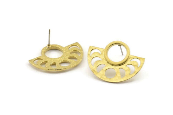 Moon Phases Earring, 2 Raw Brass Semi Circle Stud Earrings (29x22x1mm) N1002
