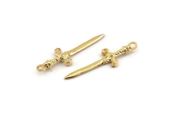 Knight&#39;s Sword Pendant, 3 Gold Plated Brass Sword Charms (36x10mm) N0248 Q0504