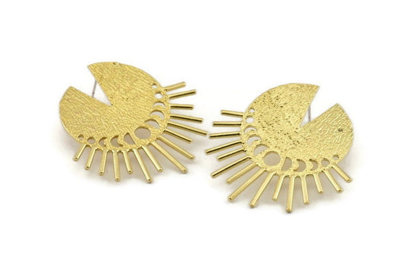 Brass Moon Earring, 2 Textured Raw Brass Plated Brass Moon Phases Stud Earrings (39x41x1mm) N1014