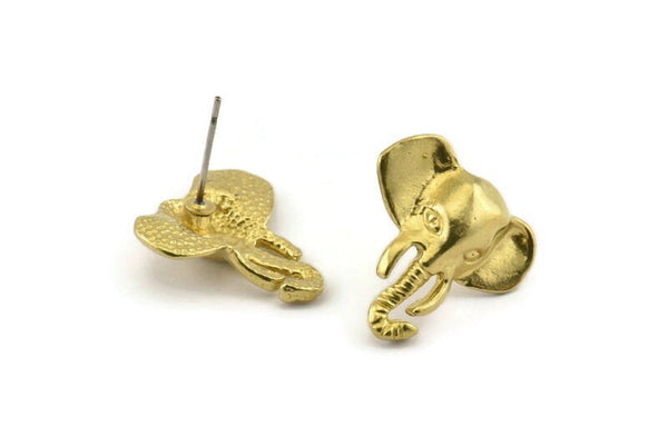 Brass Elephant Earring, 4 Raw Brass Elephant Stud Earrings (19mm) N1042