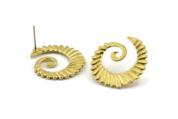 Brass Horn Earring, 4 Raw Brass Wawe Stud Earrings (23x21x1.5mm) N1053